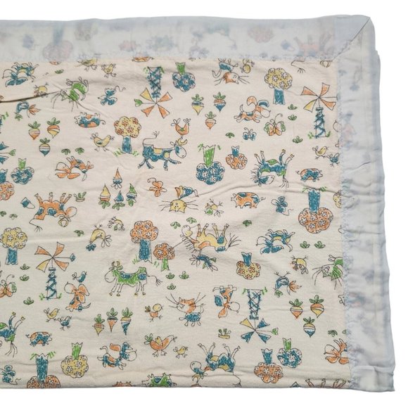 Vintage Cartoon Animal Print Satin Trim Crib Baby Blanket 31” X 44”